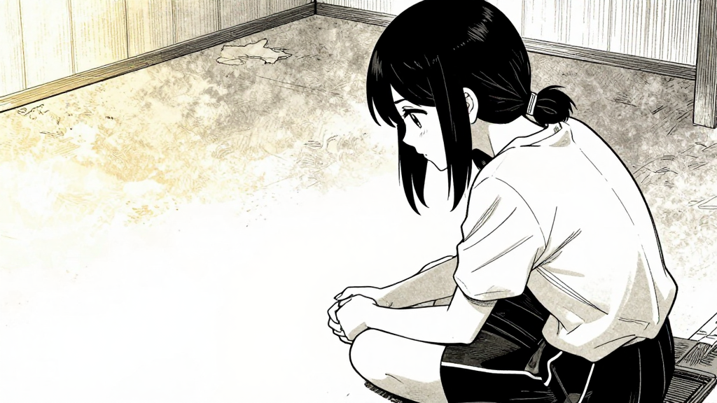 Sigrún sits alone, staring at the floor, her hands clasped.