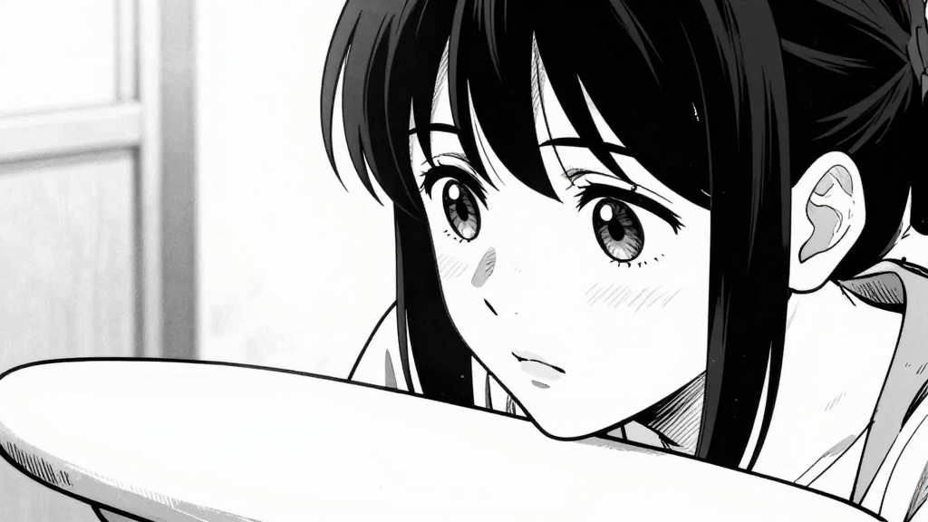 Guðrún’s face, eyes searching the ironing board.