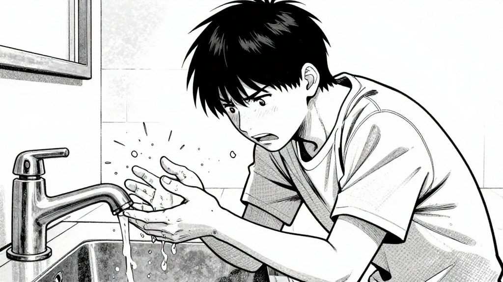 Jón burns his hand, water running from the tap.