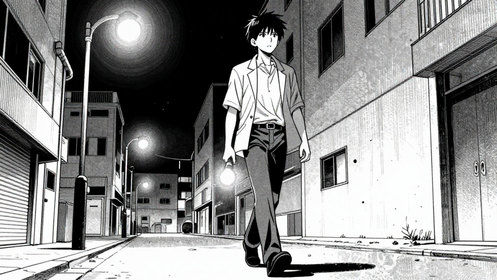 Blackwell walking through the city, determined, with a flashlight in hand.