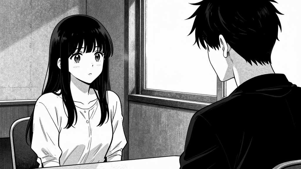 Sarah and Marcus in a tense conversation, sitting across from each other.