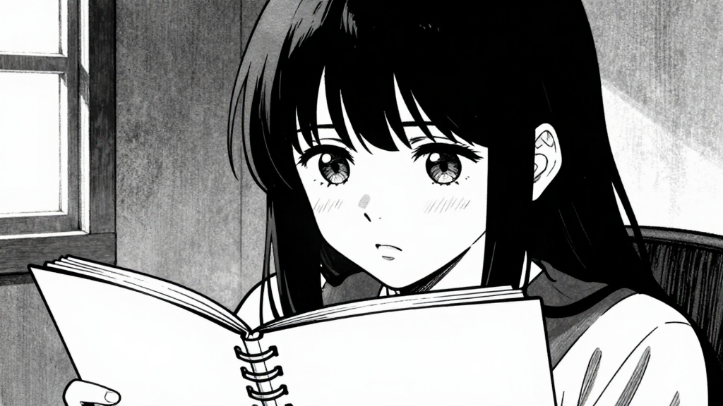 Sarah looking at her notebook, determination in her eyes.