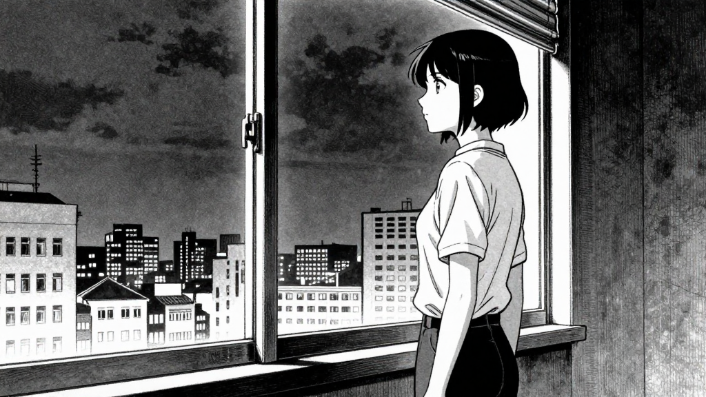 Elena standing at the window, looking out at the city, calm and resolved.