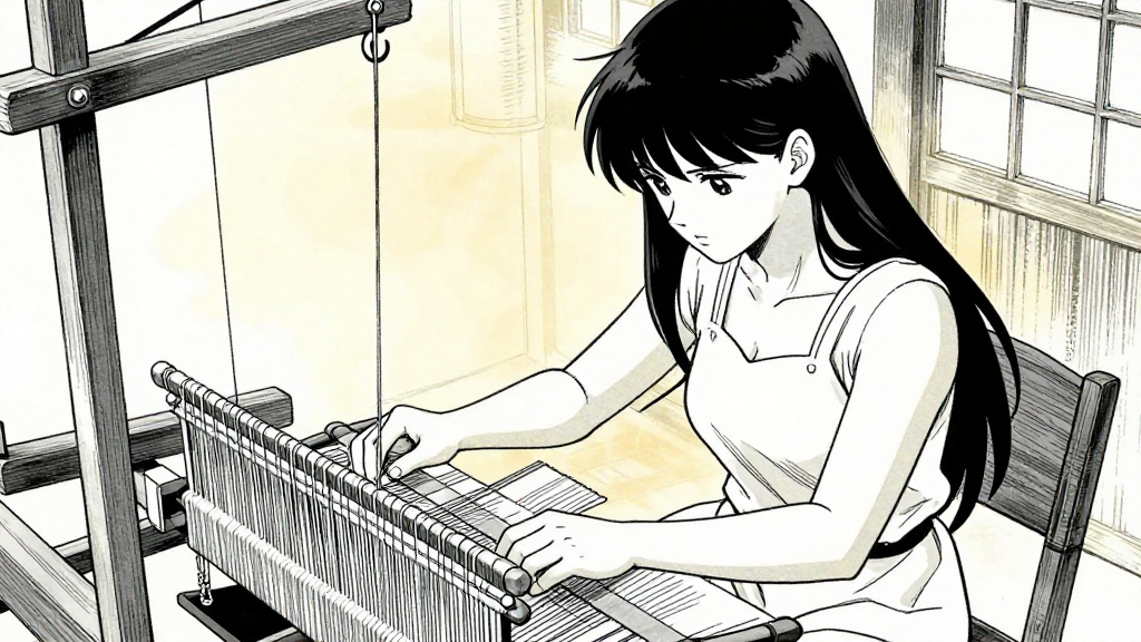 Elara sits at the loom, weaving with focused intensity.