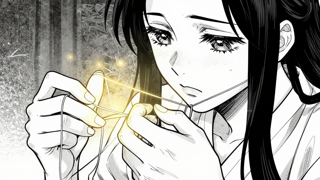 Elara’s hands weave the thread, which glows faintly with emotion.