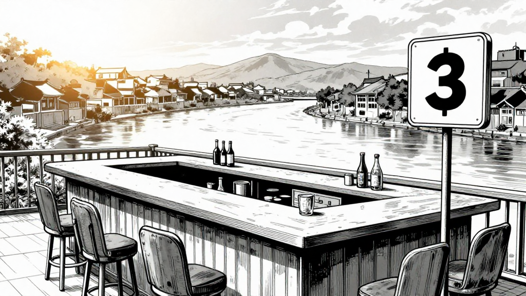 Wide shot of the bar and claim marker, river flowing behind.