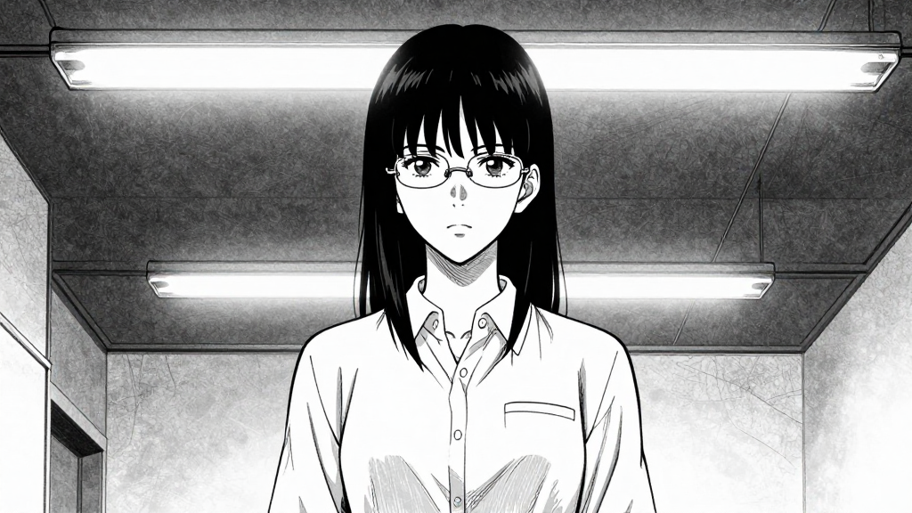 Maya stands in The Archive, looking forward with resolve, her wire-frame glasses in focus.