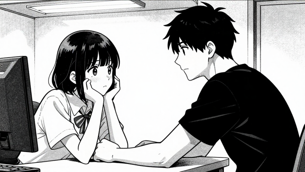 Harding places his forearm on the desk, making direct eye contact with Maya.