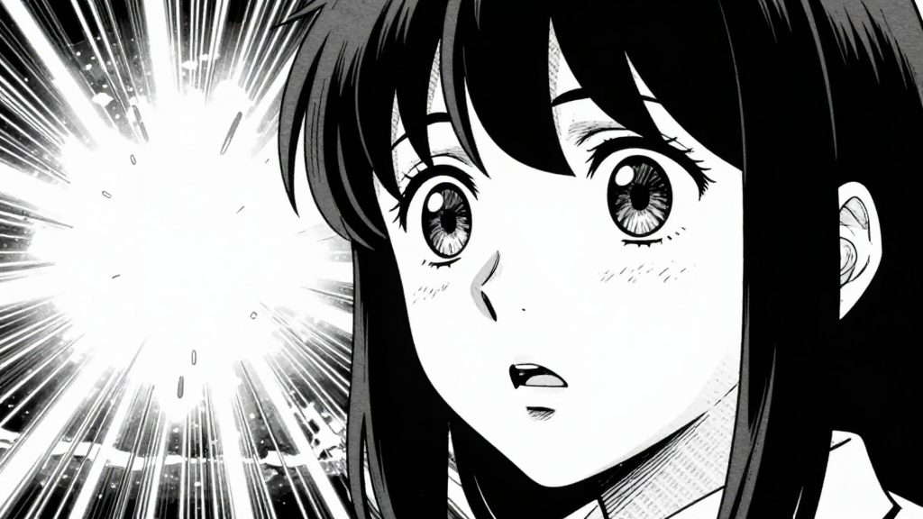 Visual-only: Maya watches an explosion in the flashback of the Malacca operation, eyes wide with shock.