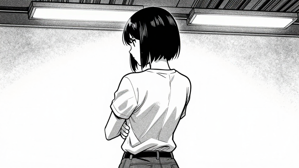 Maya stands, back to the viewer, showing her posture and internal conflict.