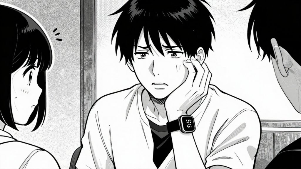 Dax’s face shows confusion, his smartwatch beeps erratically. Aria watches from the side.