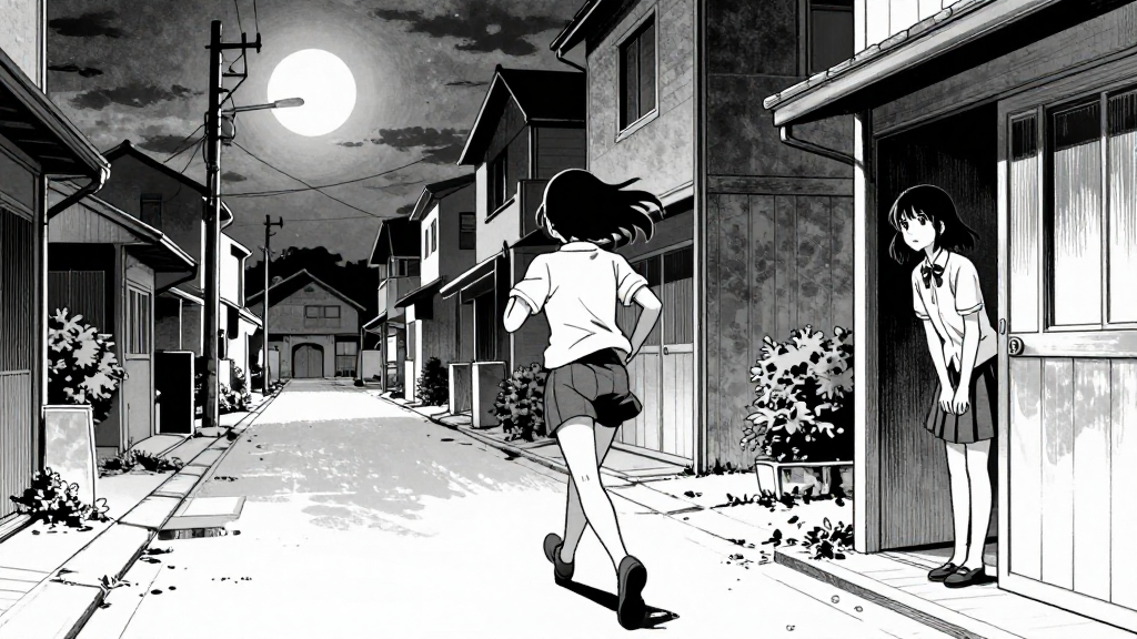 Catherine runs through the moonlit streets. Agnes watches from the doorway.