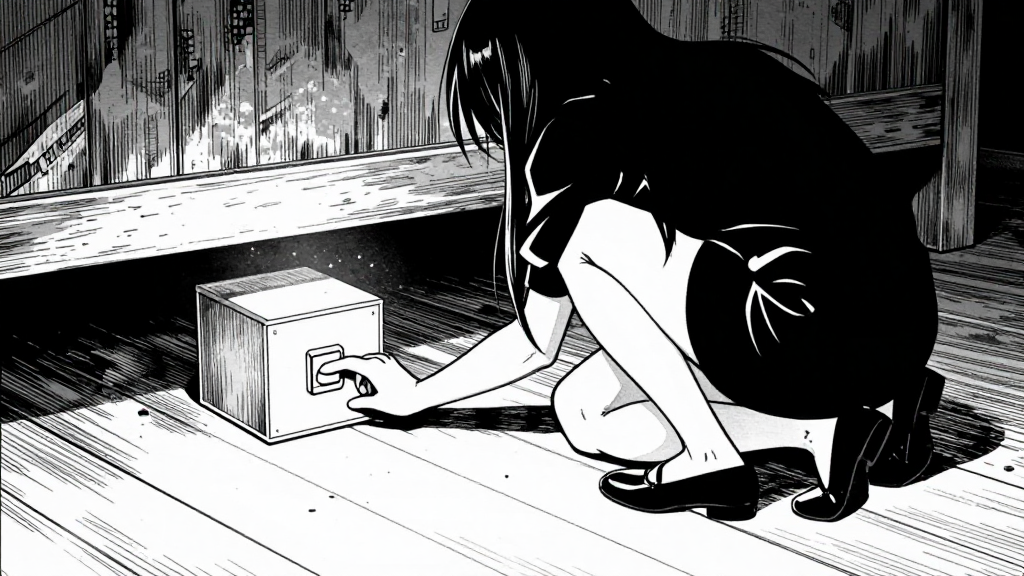 Catherine crouches under the floorboard, finding the button box.
