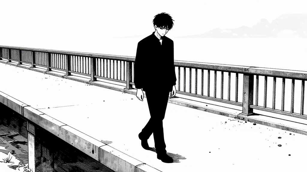 Min-ho walks slowly off the bridge, head bowed.