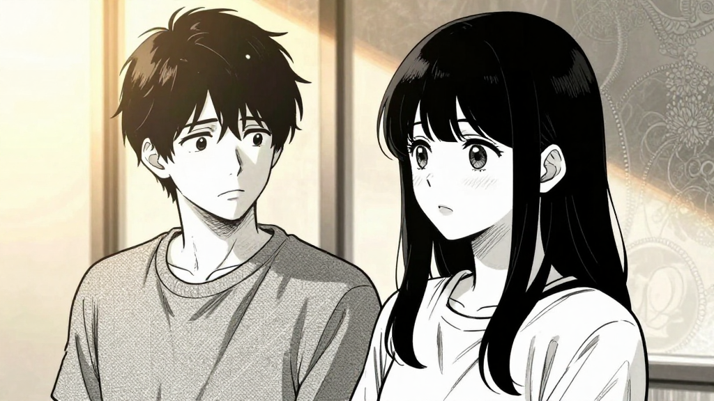 Min-ho stops, uncertain, as Eun-ji continues to stare.