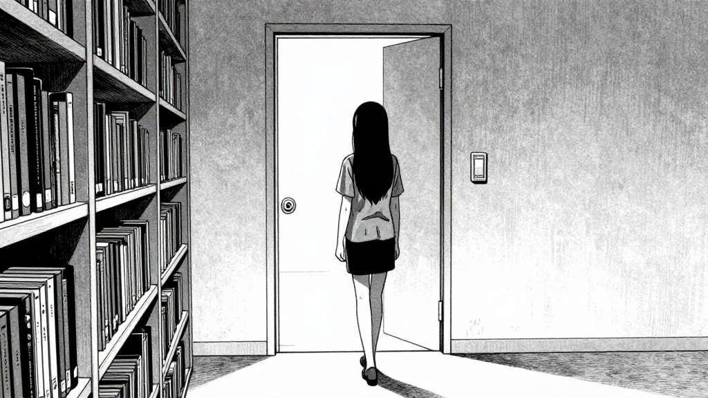 Elena leaves the archive, her back to the camera, the door closing behind her.