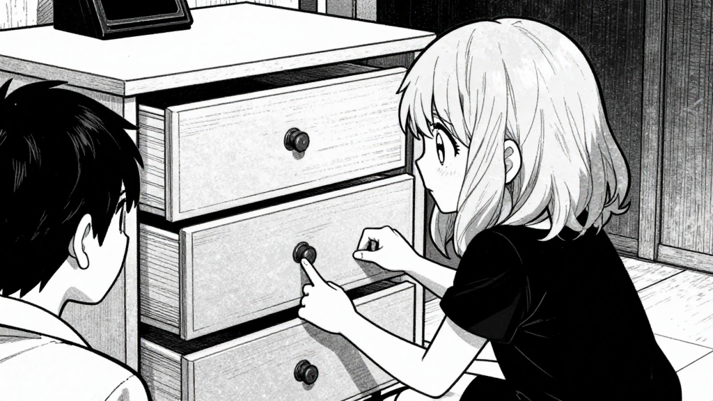 Elena’s back to the camera, focused on the next drawer, as Anya watches.