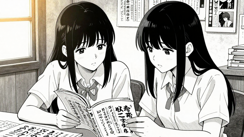 Sara and Nadia study the page together, surrounded by manuscripts.