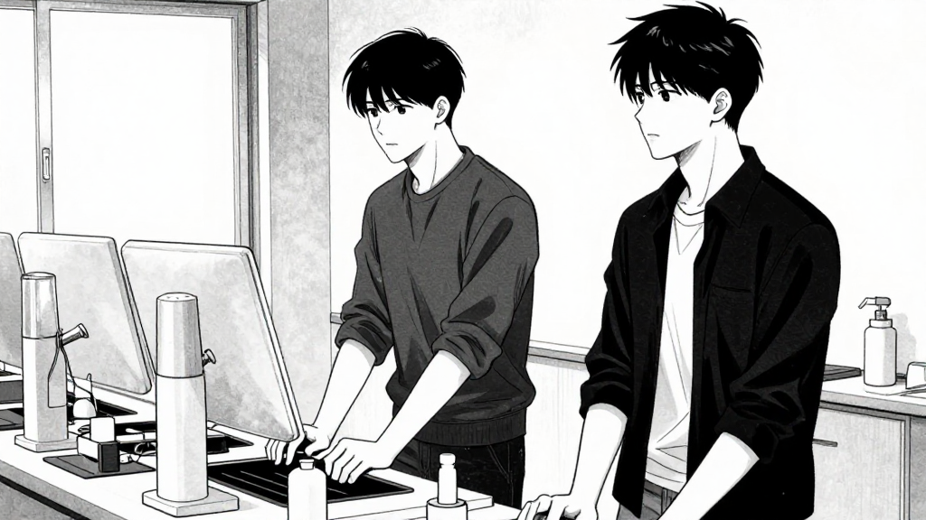 Morrison and Min-ho stand at the processing table. Min-ho’s gaze is still distant.