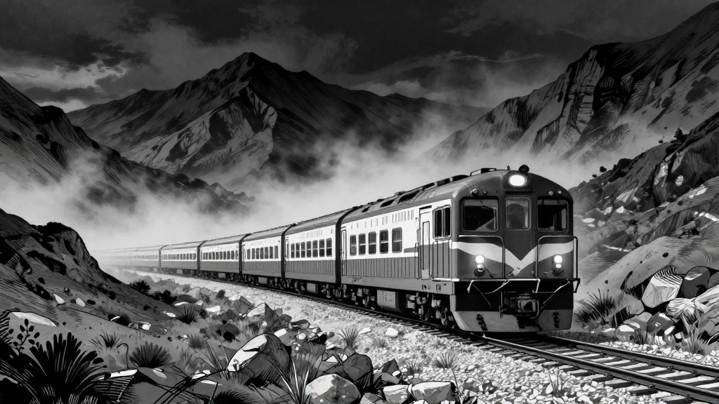 The train moves toward Dyatlov Pass through foggy mountains.