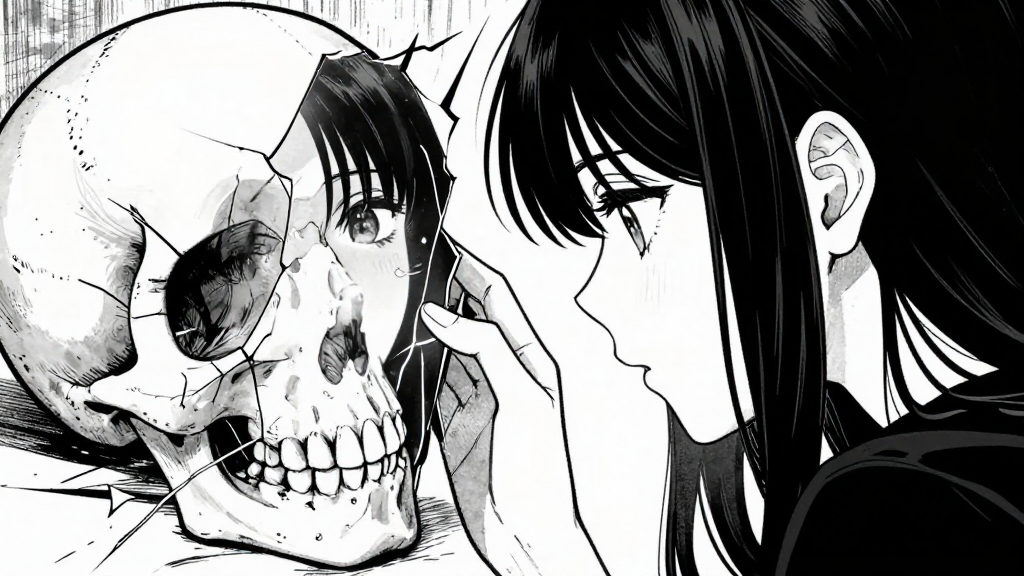 Katarina checks her reflection in a cracked skull, light catching on her receding gums.