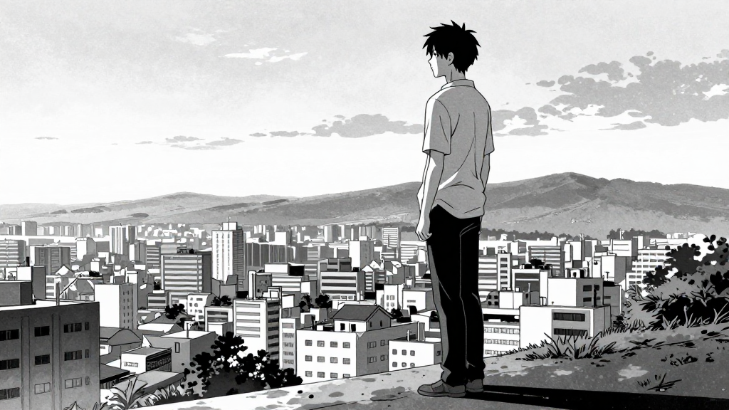 Kenjiro stands at the edge of the city, the future behind him.