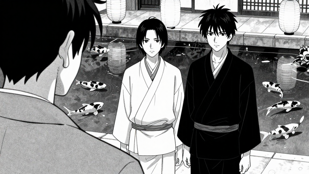 Kenjiro and Okubo stand at the edge of the koi pond.