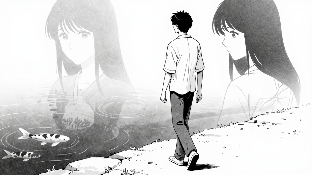 Kenjiro walks away, the koi pond reflecting his face and Hoshiko’s spectral image.