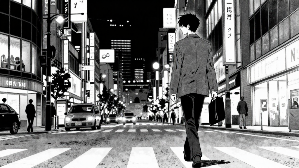 Kenjiro walks through Tokyo, the city’s lights flickering like memories.