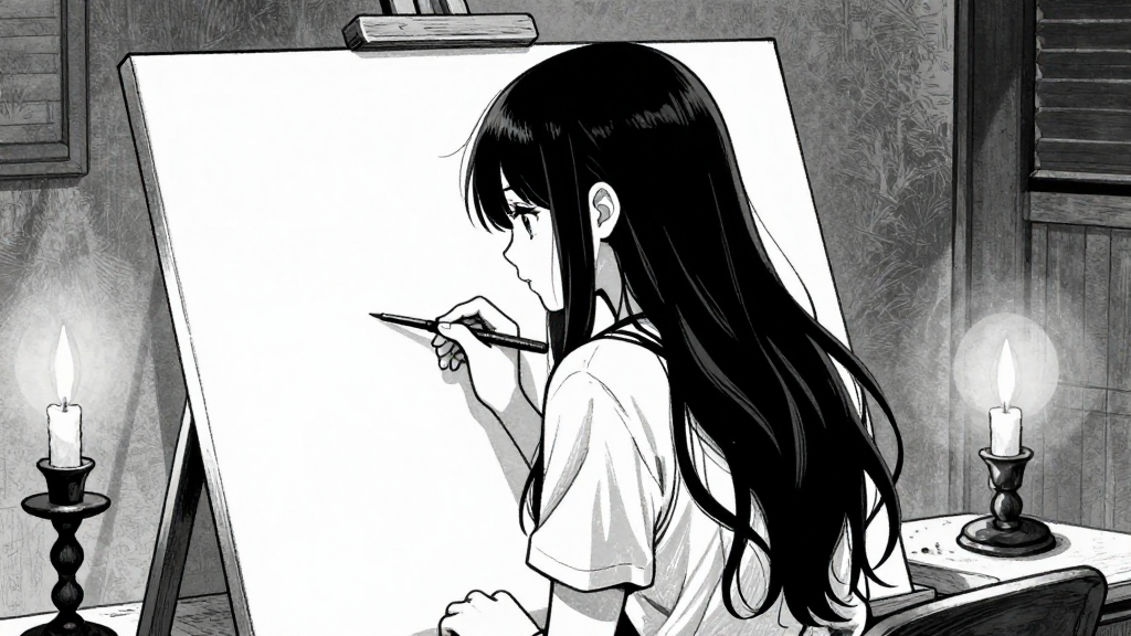 Min-ji stands at the canvas, her back to the viewer, focused on the painting.