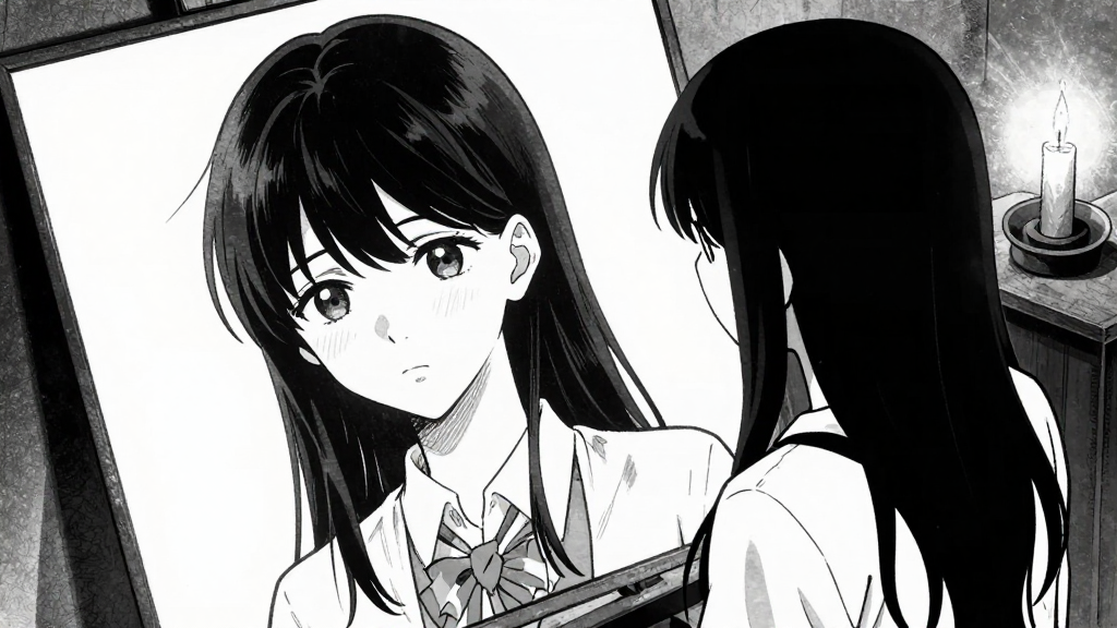 Min-ji stands beside the painting, her face shadowed as she looks at it.