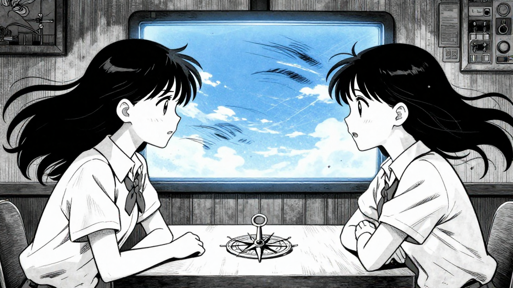 Maya and Lila face each other, the compass on the table between them. Wind howls outside.