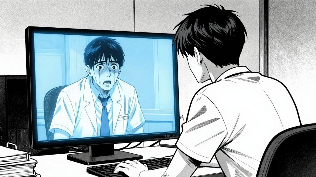 Dr. Amit enters, sees the screen, face drains of color as he approaches the desk.