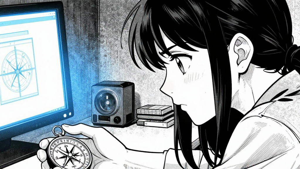 Maya stares at her father’s compass on the desk, her face etched with internal turmoil.