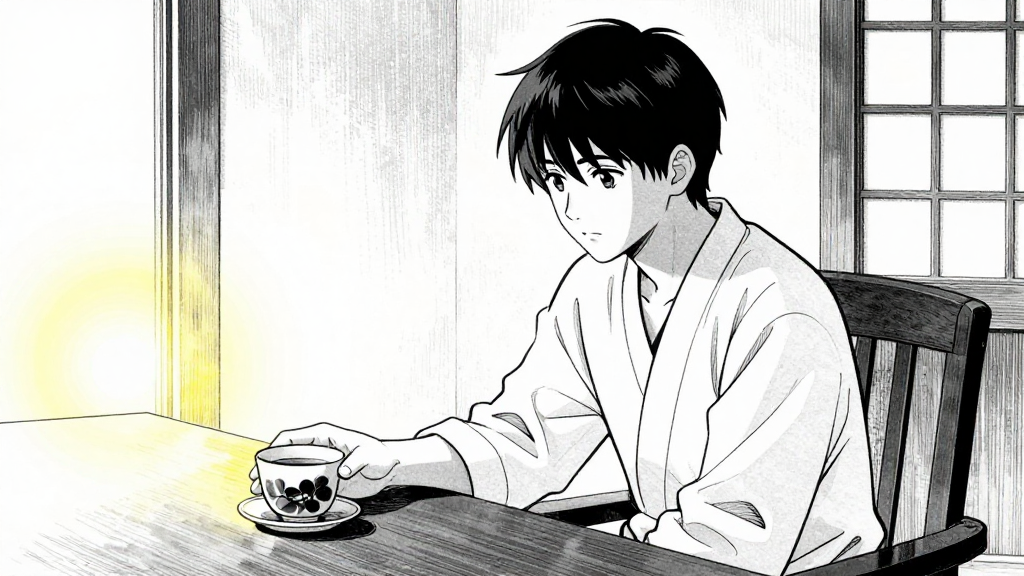 Tenzin arrives with tea, placing the cup on the table with calm purpose.