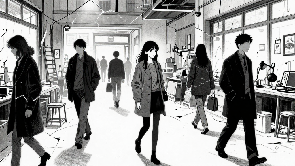 A silent, fractured Vienna. People are frozen mid-stride, faces blurred. Clara walks past the workshop in an echo.