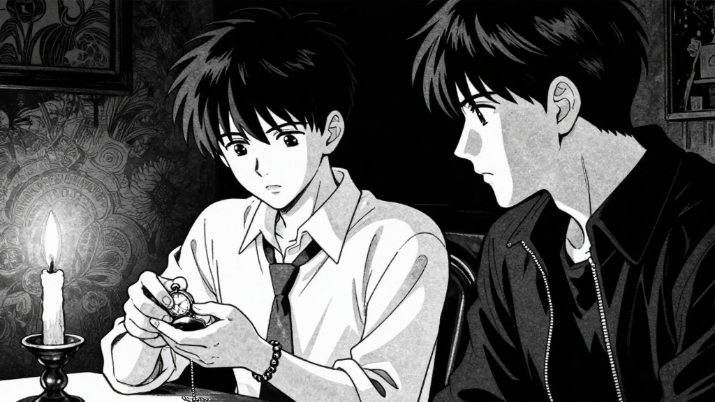 Elias looks at his pocket watch, then at Franz, who avoids eye contact.