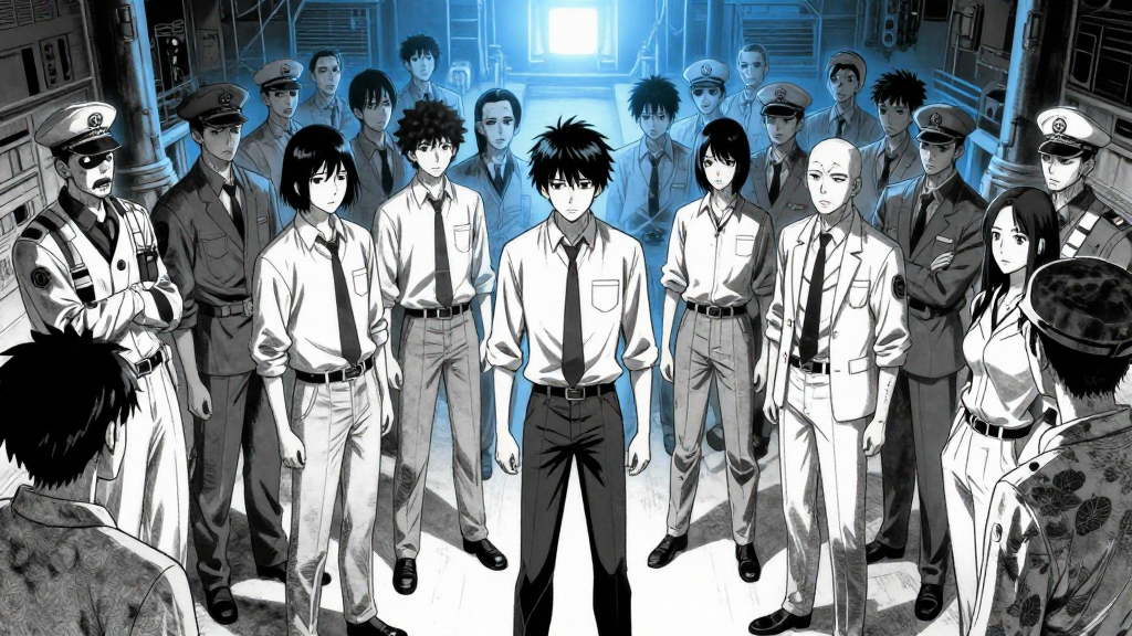 The team stands frozen in the center of the ship, surrounded by spectral crew.