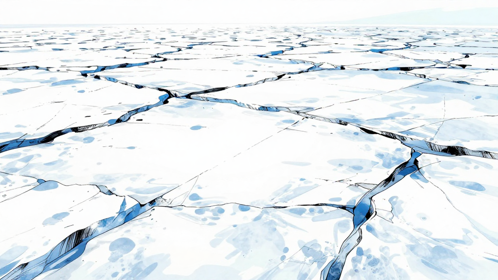 The Arctic ice field above glows with an eerie beauty.