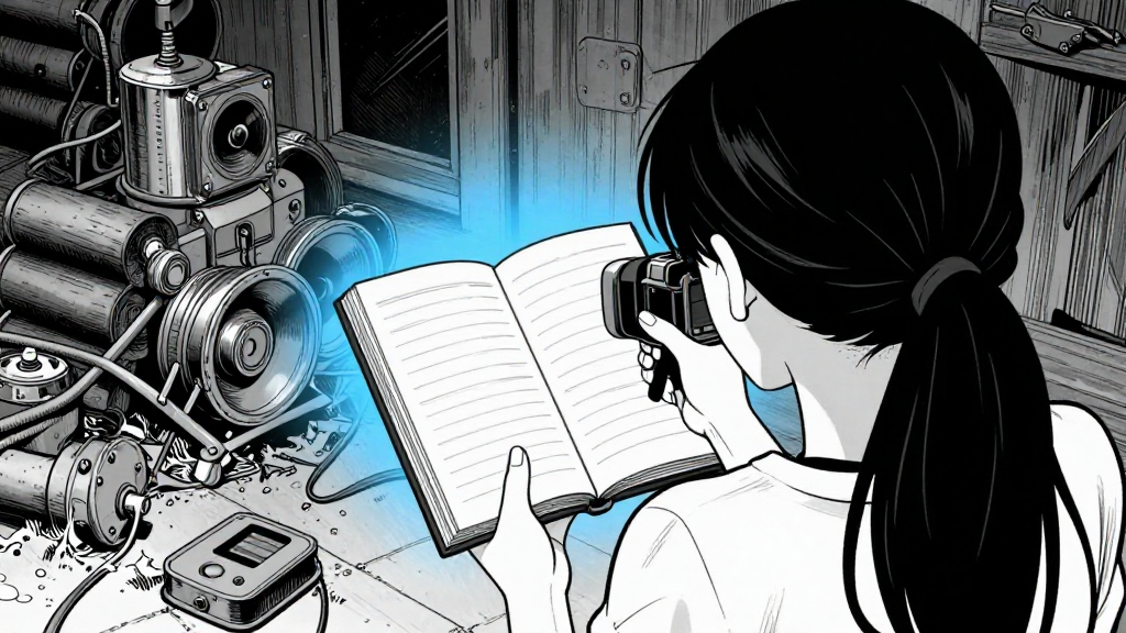 Elena’s back is visible as she photographs the logbook and sabotages equipment.