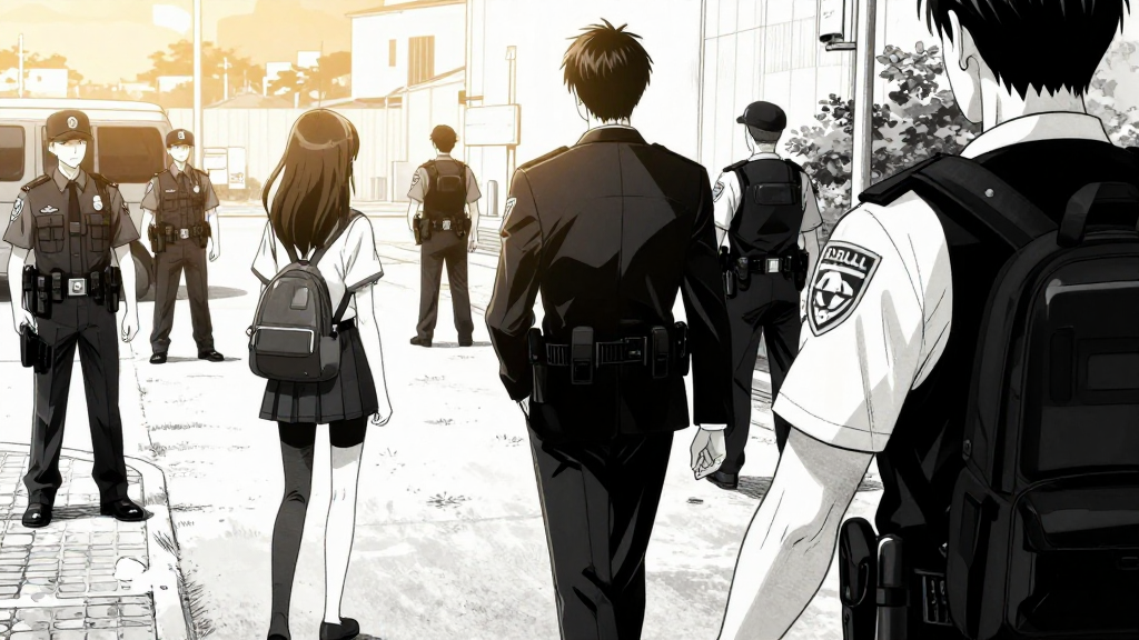 Marcus and Sara walk away as police arrive. Nadia watches.