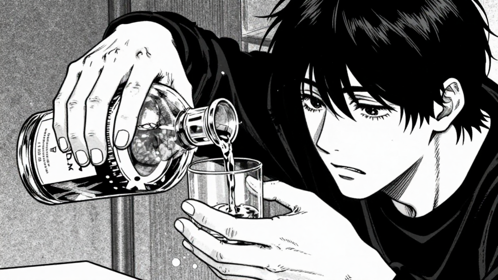 Elias, alone, pours imaginary whiskey. His hands tremble.