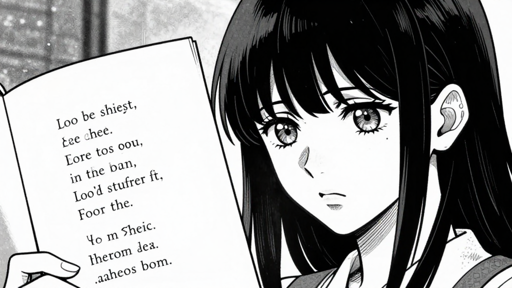 Sara holds the sixth poetry page. Her expression is resolute.