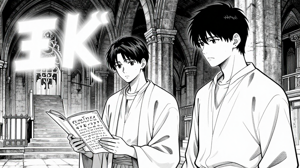 Erik and Aldric in the monastery. Erik’s internal thought appears as a faint, glowing text.