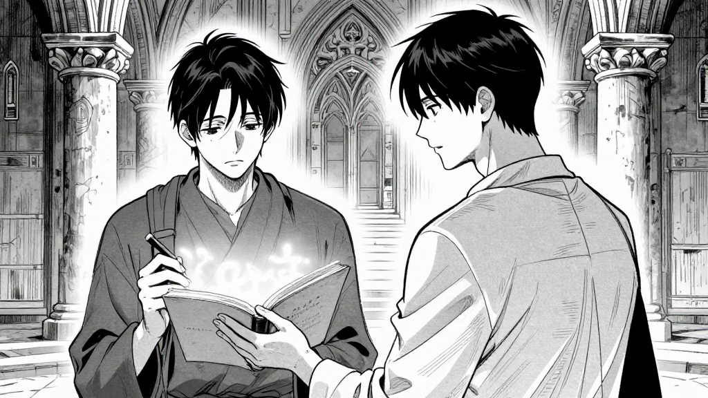 Erik and Aldric in the monastery. Erik’s internal thought appears as a faint, glowing text.
