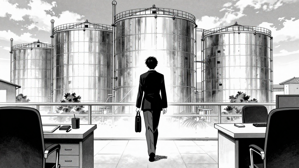 Mae walks out of the Supervisor’s Office. The tank yard looms behind her.