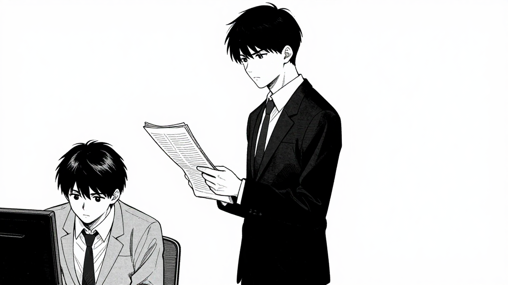 Mae stands, holding her reports. Arthur looks down at the desk.