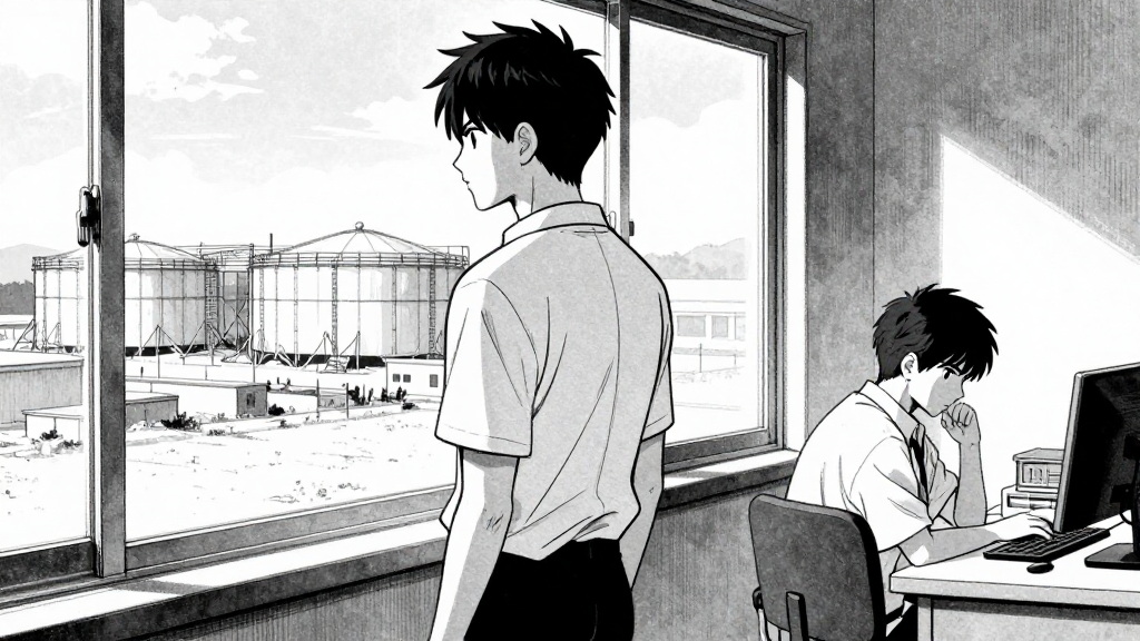 Mae stands at the window, staring out at the tank yard. Arthur is focused on the desk.