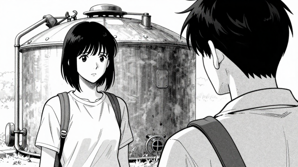 Joseph and Mae stand near the tank. Joseph looks at Mae with concern.