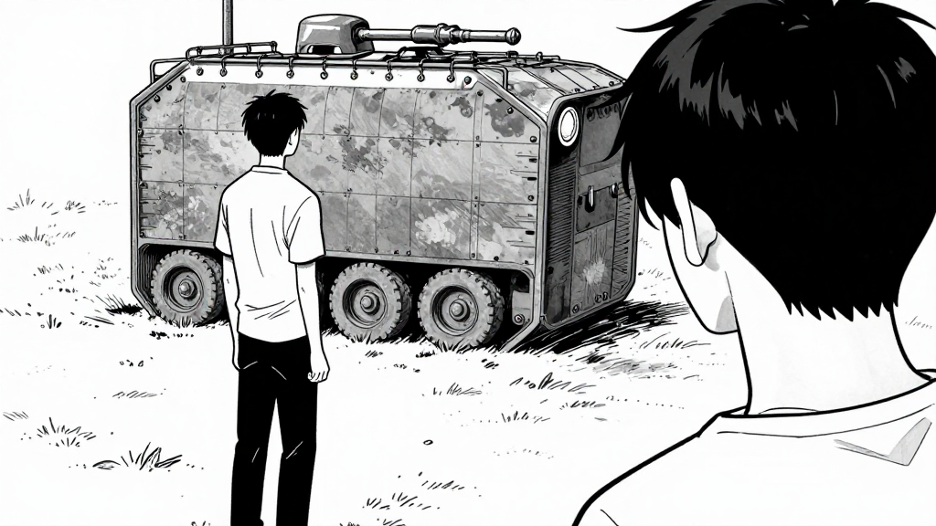 Joseph stands with his back to the tank, looking at the ground with a worried expression.